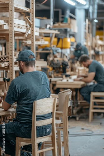 Workers assembling wooden frames for custom-made furniture pieces. The workshop is equipped with tools