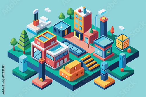 A vibrant cityscape features various buildings, trees, and pathways amid an isometric layout, showcasing urban life In no time Customizable Isometric Illustration