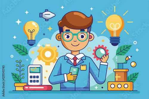 A young inventor happily holds tools while surrounded by gears and light bulbs, showcasing creativity and innovation Innovation Customizable Cartoon Illustration