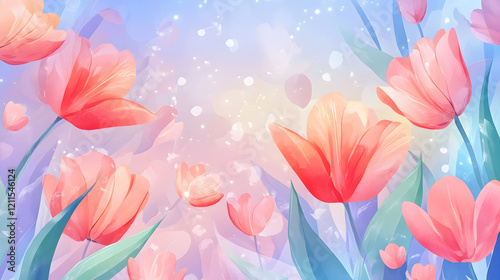 Pastel pink tulips blooming in a spring garden, soft light background, perfect for springtime greeting cards