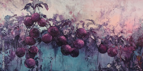 Vibrant abstract painting of plums in hues of purple and teal with grapes hanging on textured background emphasizing artistic brush strokes photo