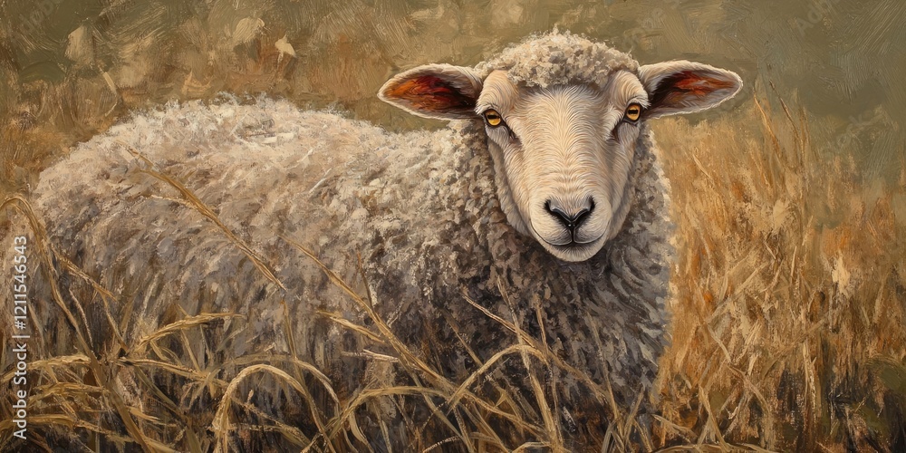 Portrait of a serene ewe sheep in golden grass with soft beige tones and a blurred background highlighting its gentle expression and woolly texture. Portrait of a serene ewe sheep in golden grass with soft beige tones and a blurred background highlighting its gentle expression and woolly texture.