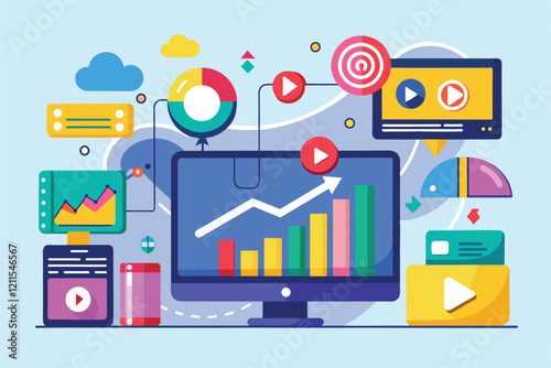 Colorful graphics show video data trends and analytics in a digital workspace setting Input video data trending