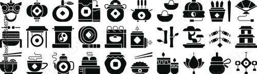 Vector monochrome black fill icon set for lunar new year events