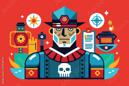 A bold character stands against a red background with various dynamic symbols and elements surrounding him Insert block Customizable Disproportionate Illustration