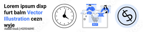 Clock symbolizing time, a shopping cart with figures, and a currency icon on blue background. Ideal for e-commerce, time management, financial services, marketing, digital products, business