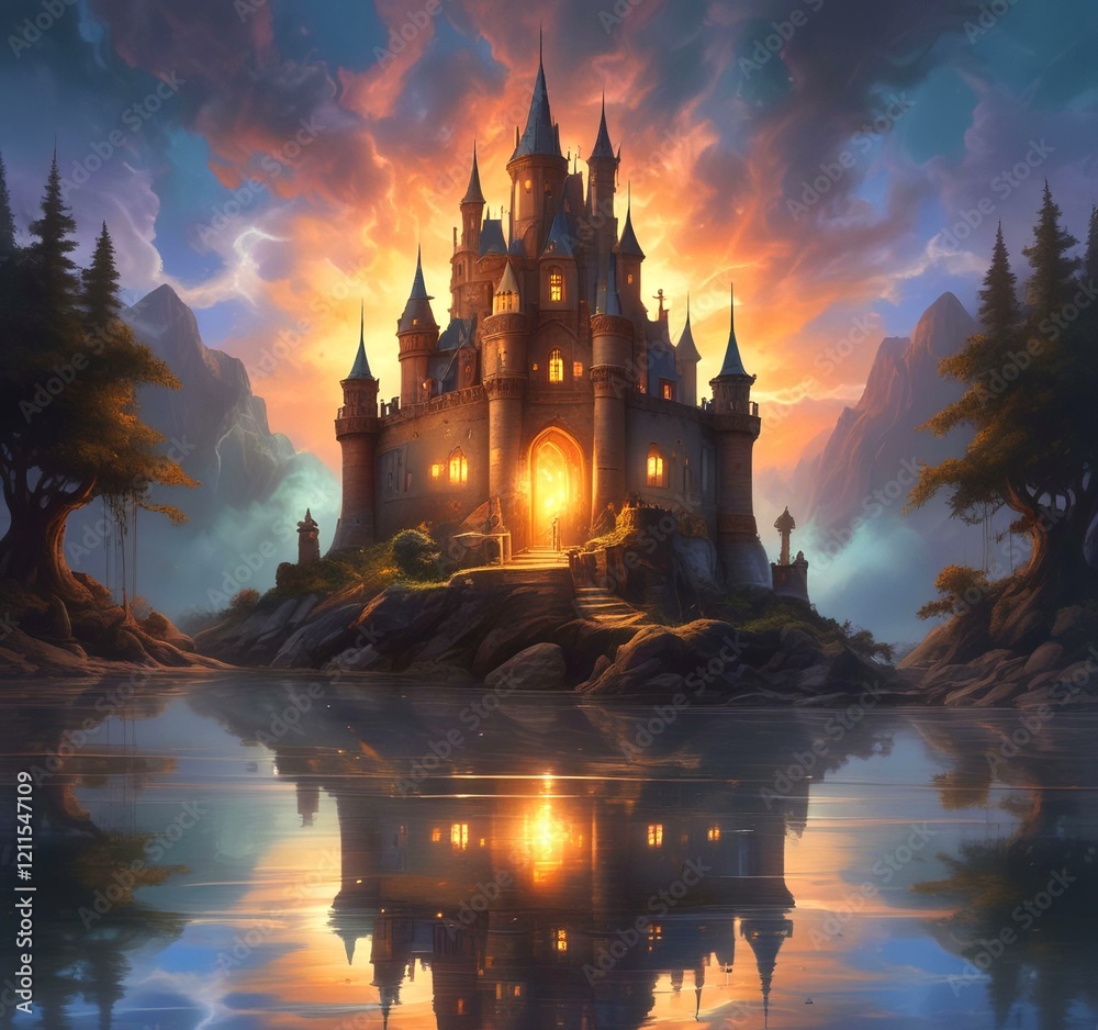 Naklejka premium Illustration of glowing mystery tower castle in night.
