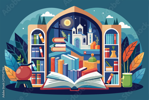 A beautifully illustrated book concept showcasing vibrant bookshelves and a nighttime castle view Inside book concept,