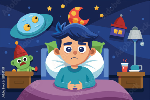 A young boy sits in bed, unable to sleep, surrounded by playful nighttime figures and a moonlit sky Insomnia Customizable Cartoon Illustration