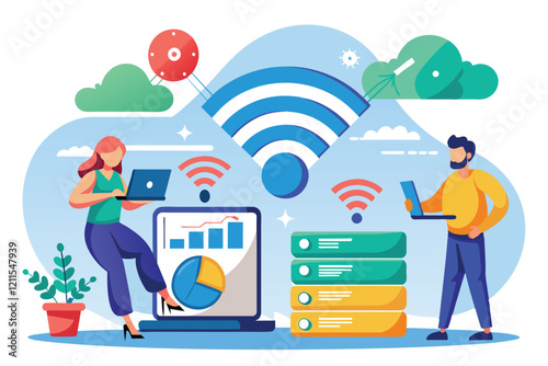 Two professionals install data through Wi-Fi while managing network systems and visual data representations Install data with wi-fi