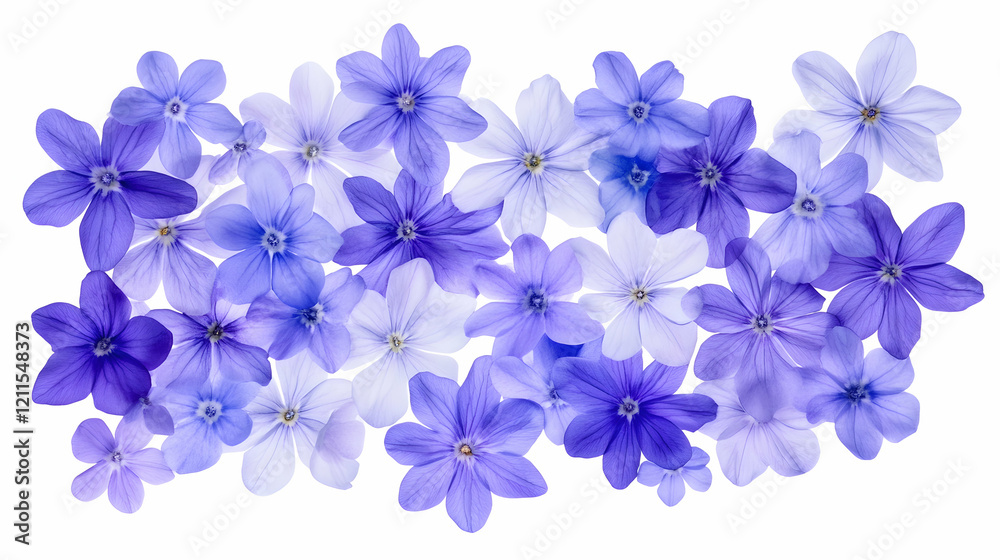 Fototapeta premium Purple and blue flowers arrangement, flat lay, white background, floral design, perfect for greeting cards