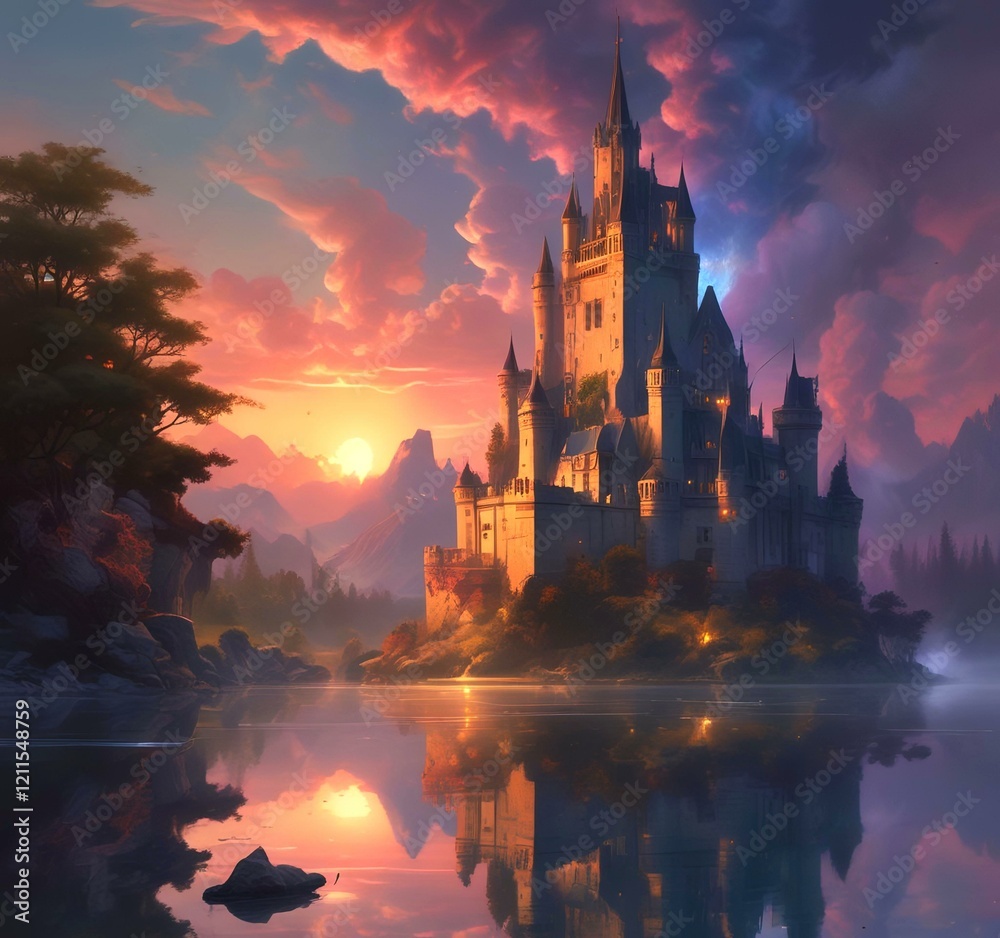 Fototapeta premium Illustration of glowing mystery tower castle in night.