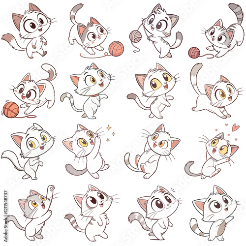 Cute cats vector illustration set. 