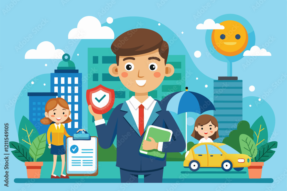 A friendly insurance agent holds a shield while clients discuss policies and a car is parked nearby in a cityscape, Insurance Customizable Cartoon Illustration A friendly insurance agent holds a shield while clients discuss policies and a car is parked nearby in a cityscape, Insurance Customizable Cartoon Illustration