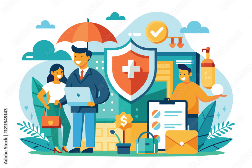 Professionals engage in a discussion about customizable insurance solutions while reviewing options and paperwork, Insurance Customizable Flat Illustration