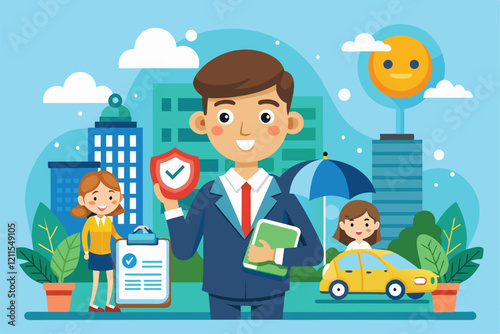 A friendly insurance agent holds a shield while clients discuss policies and a car is parked nearby in a cityscape, Insurance Customizable Cartoon Illustration