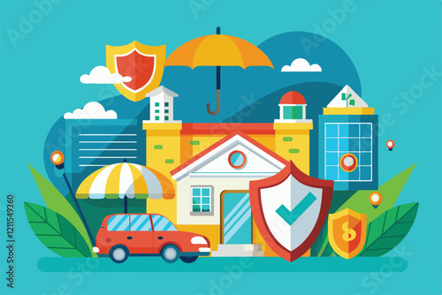 A vibrant illustration of customizable insurance features like coverage shields, a car, and buildings, Insurance Customizable Semi Flat Illustration