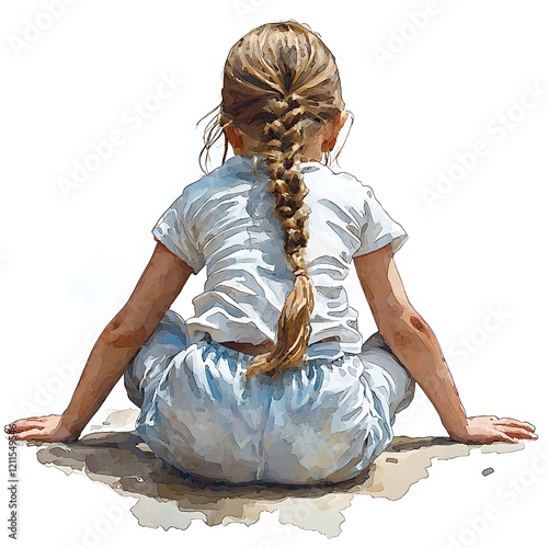 Young Girl Sitting on the Ground, Back View, Watercolor Style Illustration.