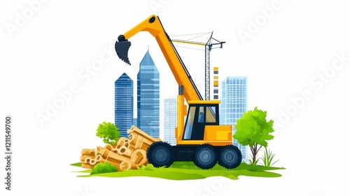 Excavator Working on Construction Site with Urban Background Elements