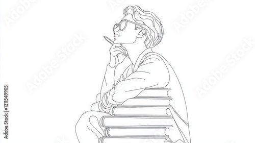 Creative contemplation a young thinker reflects among books study space line art artistic view