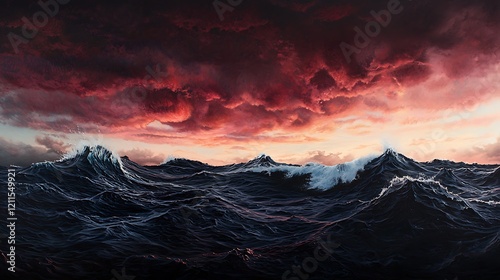 Dramatic ocean waves at sunset, fiery cloudscape background, perfect for nature or weather themed projects photo