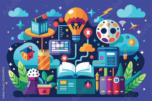 A vibrant collage features educational tools, inspiring creativity, and elements that promote intellectual engagement, Intellectual entertainment,