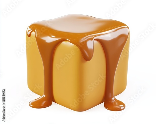 Caramel cube with dripping caramel sauce.