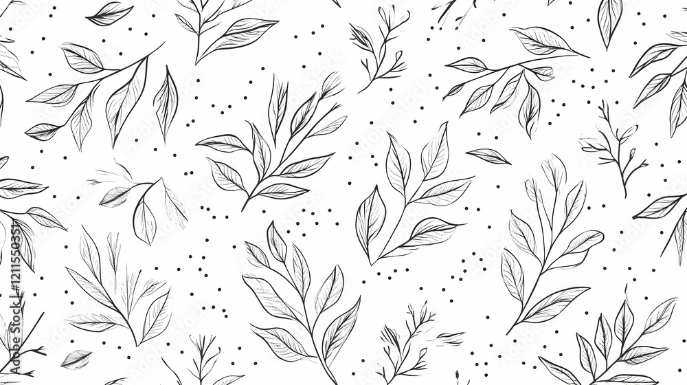Fototapeta premium Seamless pattern of delicate sketched leaves and dots on white background, ideal for textile design or wrapping paper
