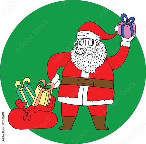 Santa Claus with gifts bag and Christmas presents, spreading holiday cheer.