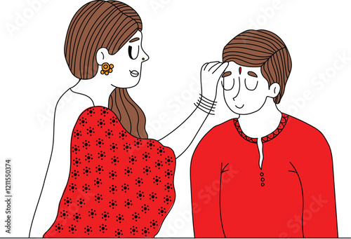 Sister applying tika on her brother during Bhaiya Dooj, a ritual of blessings.