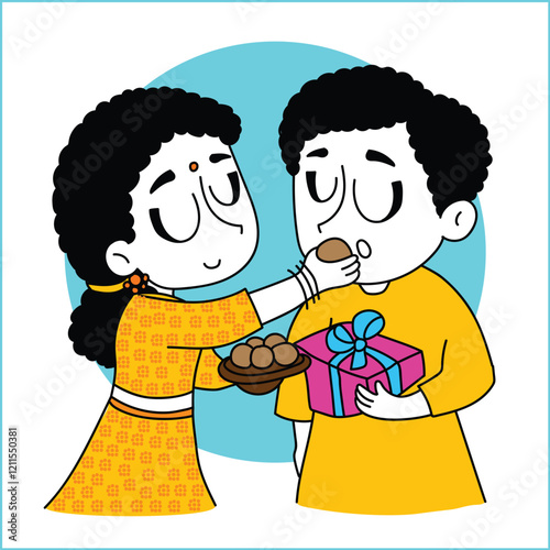 Sister feeding sweets to her brother on Bhaiya Dooj, a celebration of sibling love.