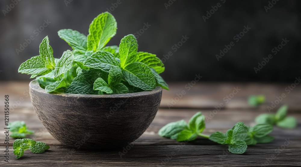 Mint in wooden bowl on wooden table on dark background with space for text, created with Generative AI technology Mint in wooden bowl on wooden table on dark background with space for text, created with Generative AI technology