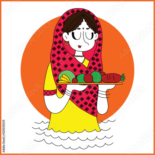 Woman performing Chhath Puja with offering plate, symbolizing devotion and gratitude.