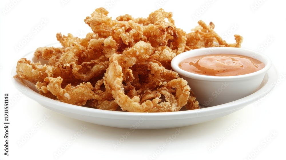 A plate of crispy onion petals with a golden breadcrumb coating and a side of tangy dipping sauce, Each petal’s crunchy texture and sweet onion flavor captured with precision A plate of crispy onion petals with a golden breadcrumb coating and a side of tangy dipping sauce, Each petal’s crunchy texture and sweet onion flavor captured with precision
