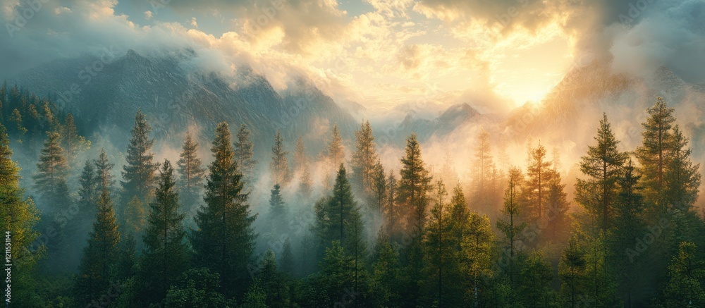 Fototapeta premium Sunrise mountain forest fog landscape (1)