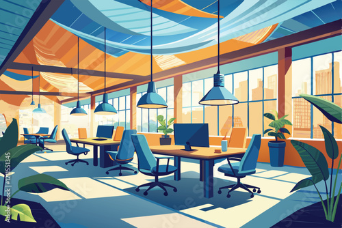 A light-filled office space with modern chairs, large windows, and greenery, creating a productive environment, Interior of light office with chairs wrapped in stet