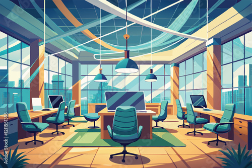 Bright office with city views, ergonomic chairs, and a spacious layout for productive work sessions, Interior of light office with chairs wrapped in stet