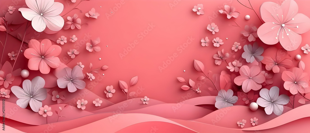 Pink paper flowers, wave background, greeting card Pink paper flowers, wave background, greeting card