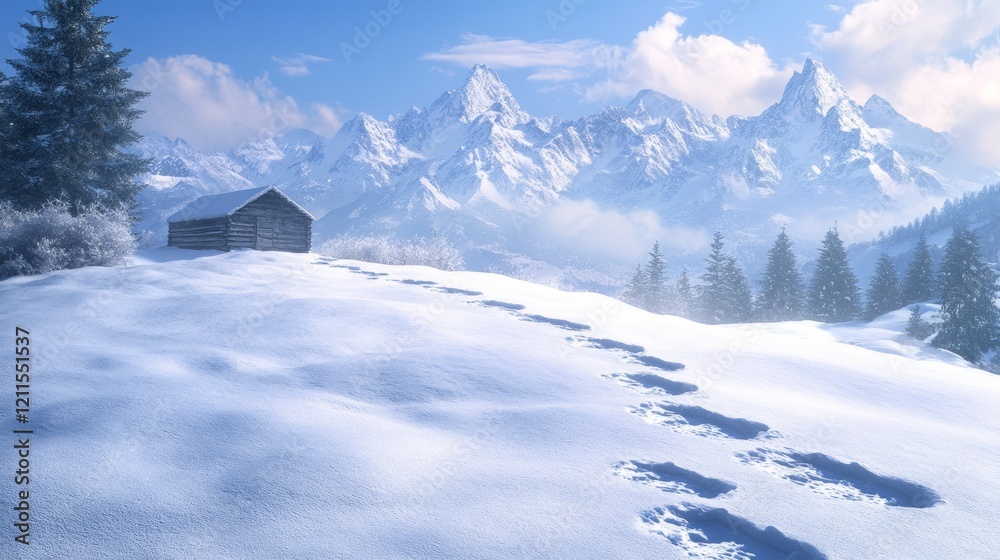 Fototapeta premium Snow-covered mountain landscape with a small cabin and footprints in the snow.
