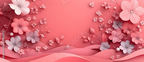 Pink paper flowers, wave background, greeting card