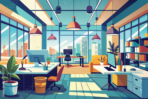 Modern offices feature stylish furniture, natural light, and vibrant plants to boost productivity, Interior of light office with modern workplace