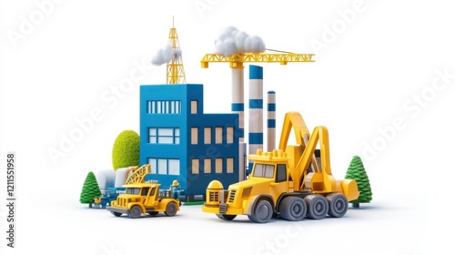 Colorful Construction Scene with Trucks and Cranes for Kids