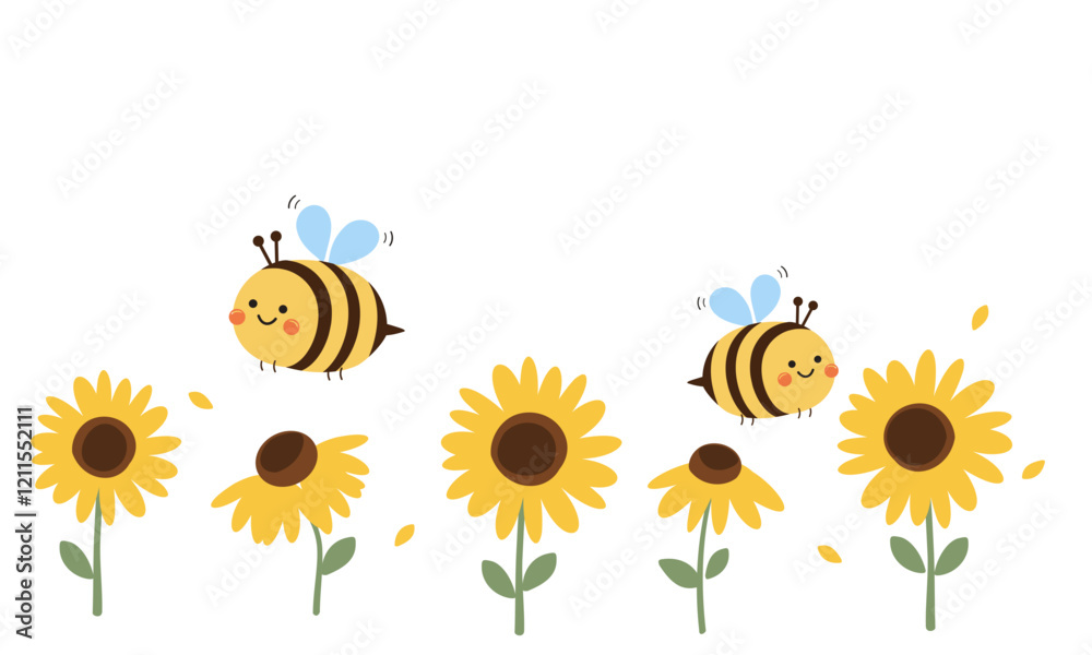 Set of sunflower icon signs and bee cartoons isolated on white background vector.