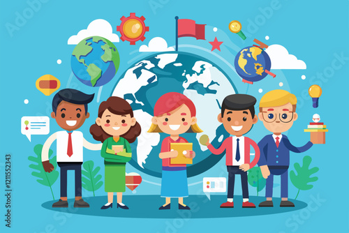 Cartoon characters from different backgrounds work together on global initiatives in a colorful, engaging setting, International cooperation Customizable Cartoon Illustration