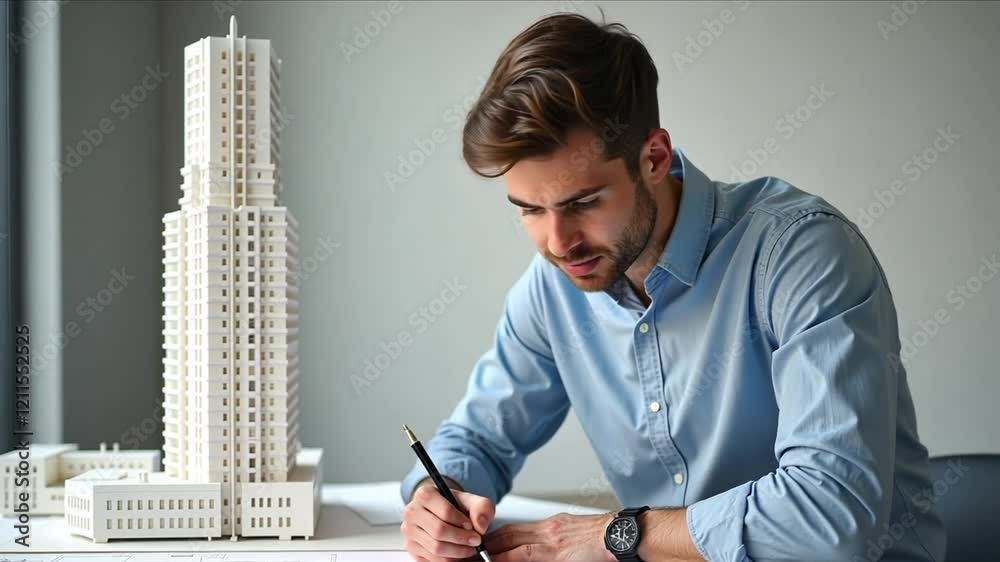A young architect uses drawing tools to sketch angular designs, with a model of a modern skyscraper.