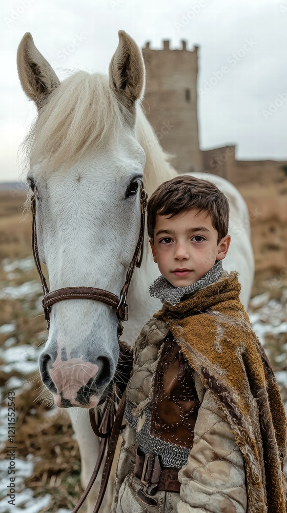 Fototapeta premium Young boy in a vest with a white horse. AI.