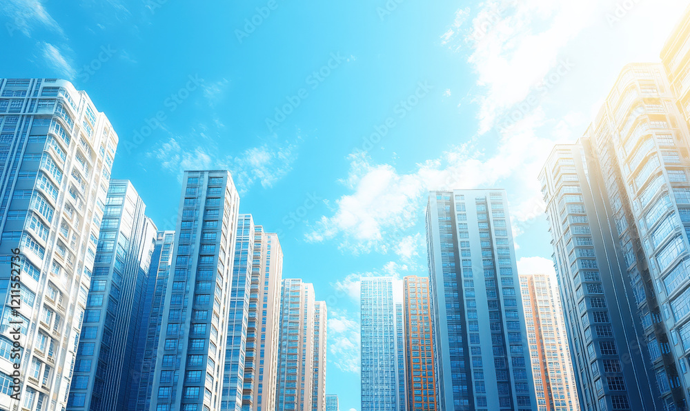 Fototapeta premium The fa ç ade of modern skyscrapers and glass curtain wall buildings in the city