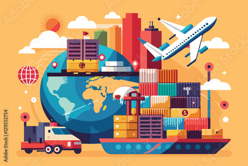 Illustration shows global trade using cargo ships, planes, and containers, highlighting logistics and transport, International trade Customizable Semi Flat Illustration