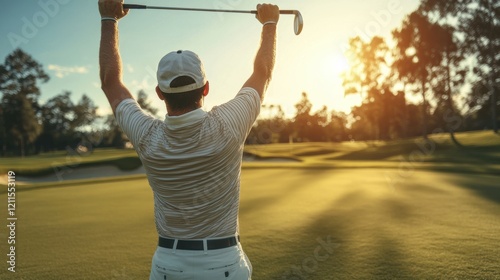 Celebrating a golf victory sunny golf course sports photography scenic nature back view triumph