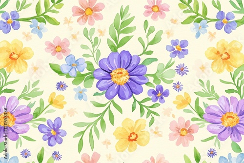 Vibrant Floral Watercolor Pattern with Purple and Yellow Flowers